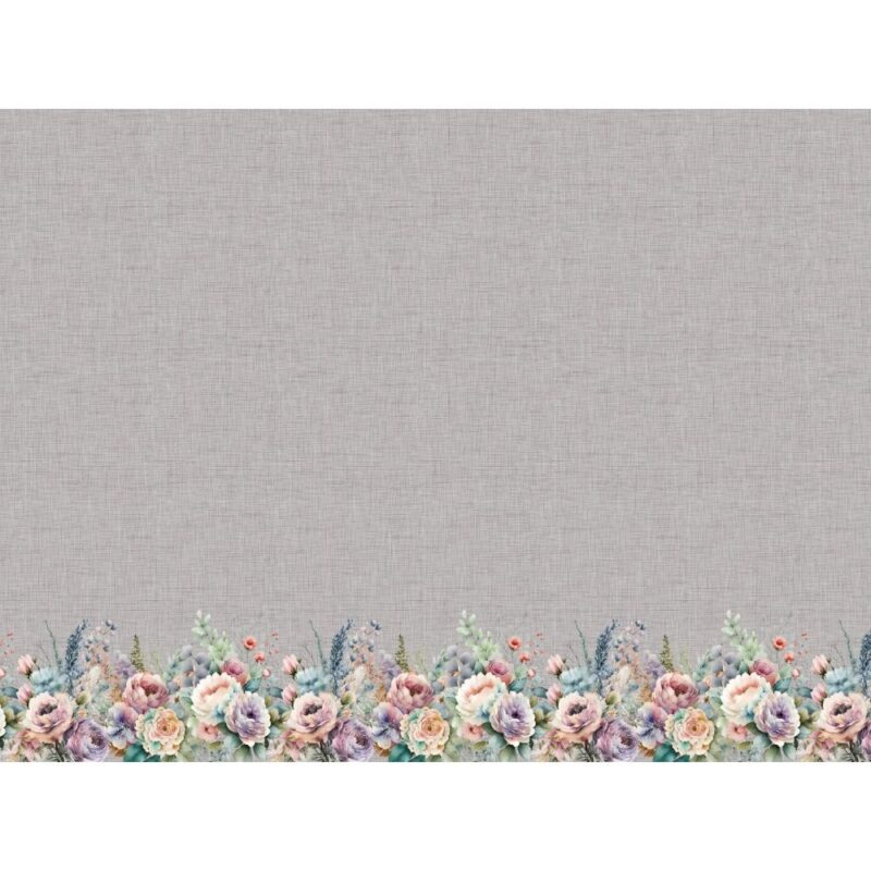 Trikotaaž - suured lilled, helehall, muster ühes ääres, disainerkangas by JESSY SEWING