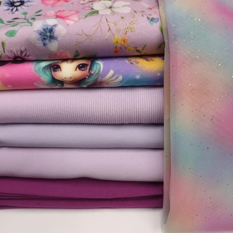 Dressi- ja trikotaažikomplekt helelilla ükssarvikute ja lilledega, 5,0 m